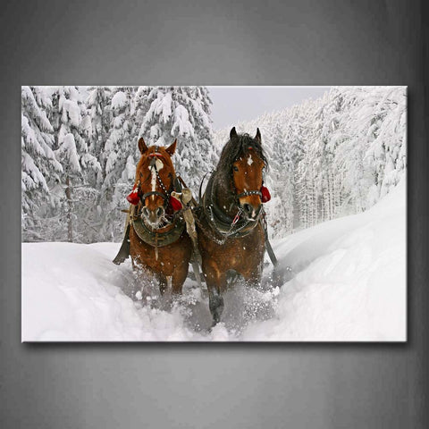 Two Brown Horses Pull Card On Snowfield  Wall Art Painting The Picture Print On Canvas Animal Pictures For Home Decor Decoration Gift 