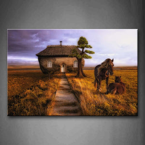 Two Horses On Yellow Grass Path To Cabin Wall Art Painting Pictures Print On Canvas Animal The Picture For Home Modern Decoration 