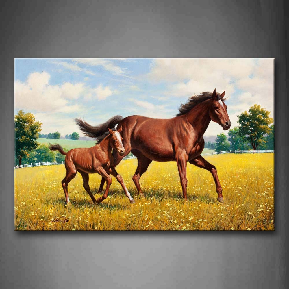 Mother Horse With Cub Run On Yellow Grass Flower Fence Tree Wall Art Painting Pictures Print On Canvas Animal The Picture For Home Modern Decoration 