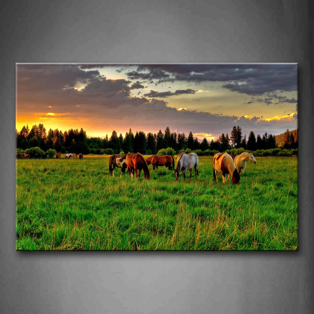 Horses Stand On Grass Eating Tree At Dusk Wall Art Painting The Picture Print On Canvas Animal Pictures For Home Decor Decoration Gift 