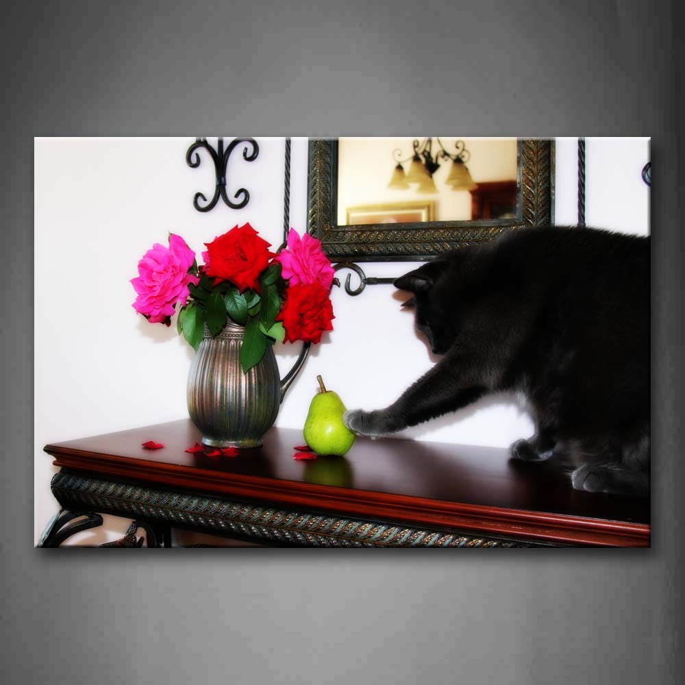 Black Cat Play With Fruit On Desk Flower Wall Art Painting Pictures Print On Canvas Animal The Picture For Home Modern Decoration 