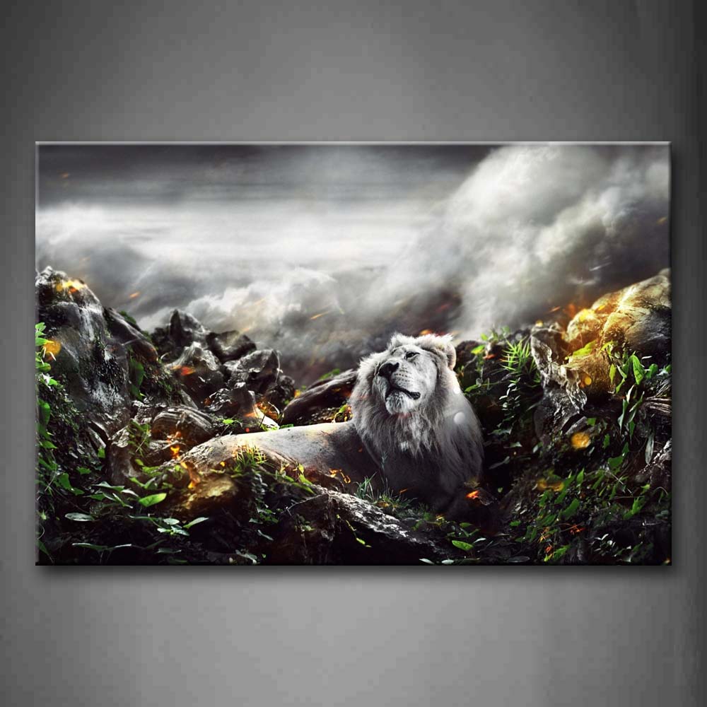 Lion Lie In On Stone Grass Plant Cloudy Sky Wall Art Painting Pictures Print On Canvas Animal The Picture For Home Modern Decoration 