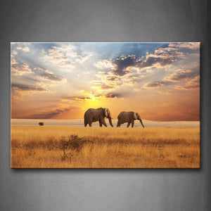 Two Elephants Walk On Dry Grass At Dusk Wall Art Painting Pictures Print On Canvas Animal The Picture For Home Modern Decoration 