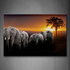 Elephants Walk On Grassland At Dusk Tree Wall Art Painting Pictures Print On Canvas Animal The Picture For Home Modern Decoration 