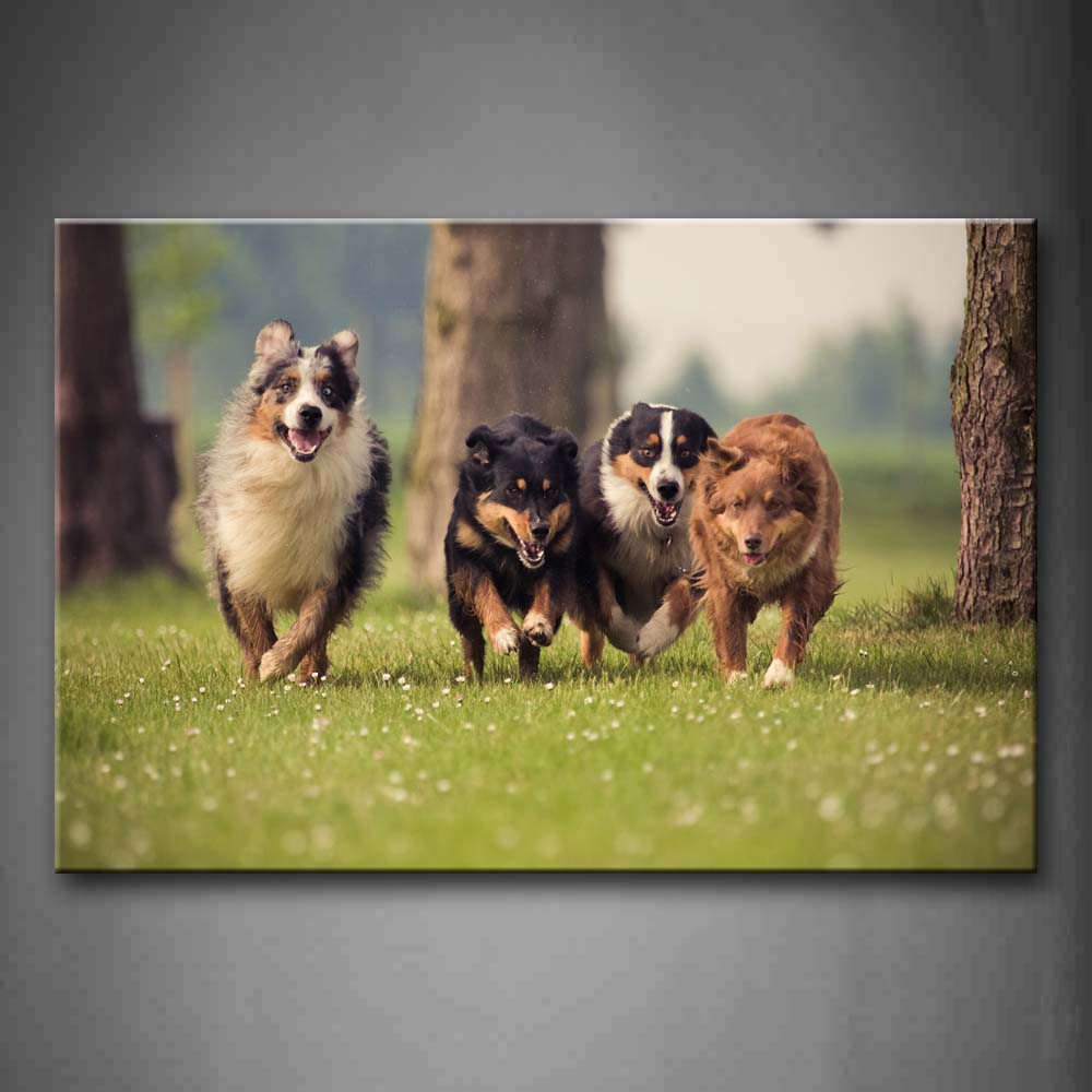 Four Dogs Run On Grass Trunks Wall Art Painting The Picture Print On Canvas Animal Pictures For Home Decor Decoration Gift 