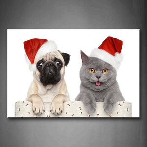 Yellow Dog And Gray Cat Wear Christmas Hat In Cloth Bag Wall Art Painting The Picture Print On Canvas Animal Pictures For Home Decor Decoration Gift 