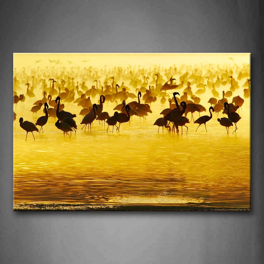 Yellow Orange Flamingos In Water At Dusk Wall Art Painting Pictures Print On Canvas Animal The Picture For Home Modern Decoration 