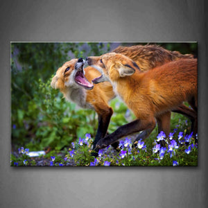 Brown Fox Openmounth With Blue Flower  Wall Art Painting Pictures Print On Canvas Animal The Picture For Home Modern Decoration 