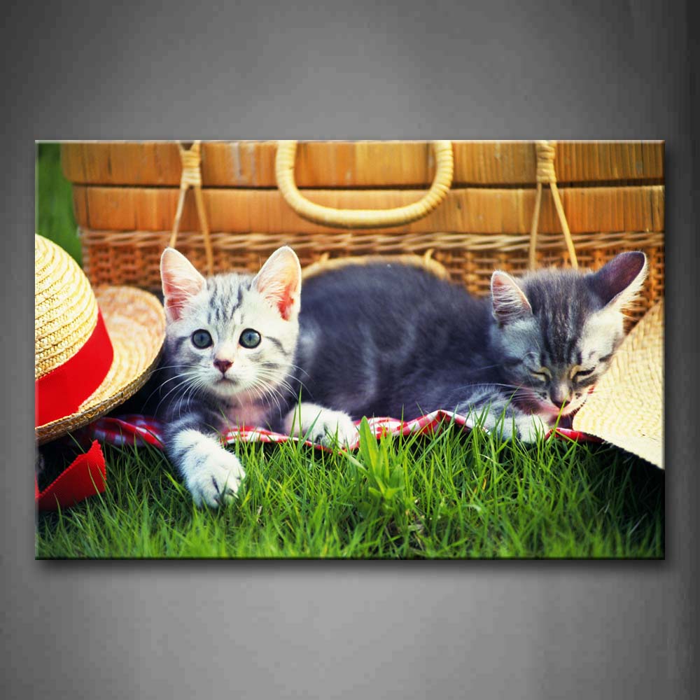 Cute Cat Lying Down On Grass With Hat Wall Art Painting The Picture Print On Canvas Animal Pictures For Home Decor Decoration Gift 