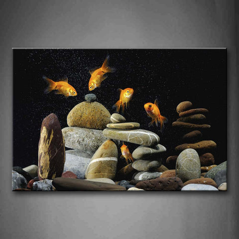 Golden Fish Swimming With Stone Wall Art Painting Pictures Print On Canvas Animal The Picture For Home Modern Decoration 