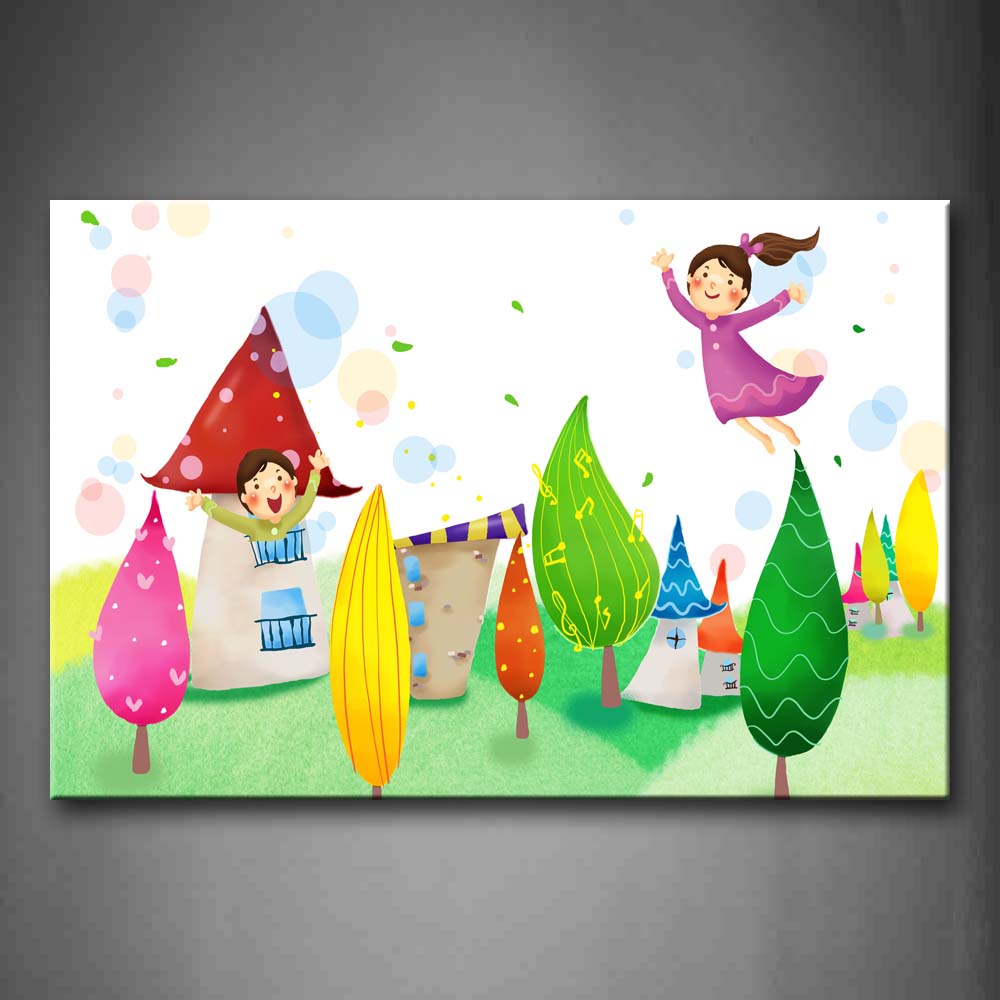 Two Children Looks Very Happy House Trees Wall Art Painting Pictures Print On Canvas People The Picture For Home Modern Decoration 