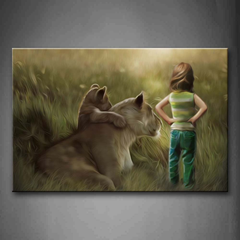 Small Child Stayed With Two Lions Wall Art Painting The Picture Print On Canvas People Pictures For Home Decor Decoration Gift 