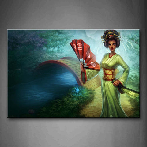 Woman Hold A Fan Near River Tree Bridge  Wall Art Painting The Picture Print On Canvas People Pictures For Home Decor Decoration Gift 