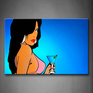 Blue Woman Hold Glass Portrait Wall Art Painting Pictures Print On Canvas People The Picture For Home Modern Decoration 