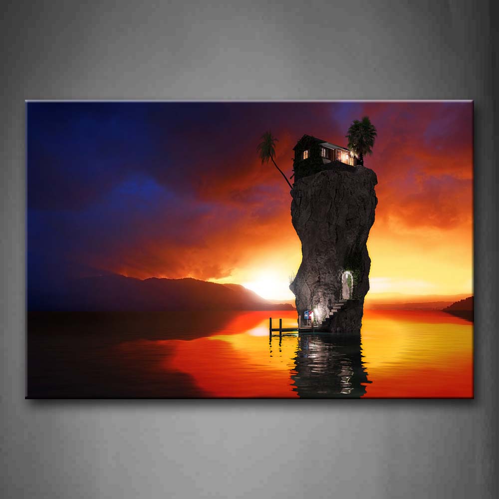 House On Big Rock In Center Of Lake At Dusk Wall Art Painting The Picture Print On Canvas Seascape Pictures For Home Decor Decoration Gift 