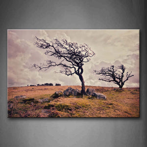 Two Dry Trees On Grass Stones Thick Cloud Wall Art Painting Pictures Print On Canvas Landscape The Picture For Home Modern Decoration 