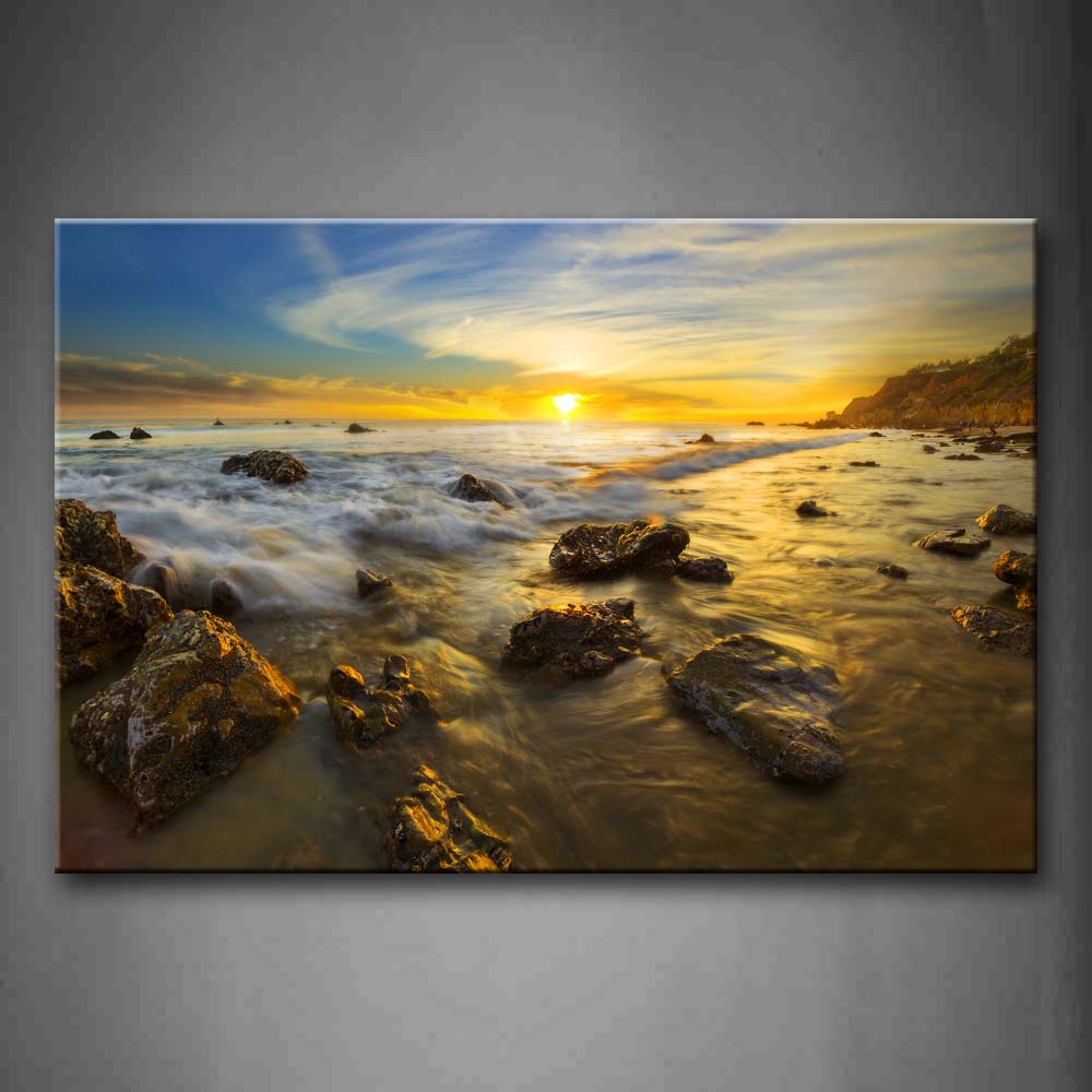 Stone On Beach Yellow Sun Sunset Wall Art Painting Pictures Print On Canvas Seascape The Picture For Home Modern Decoration 