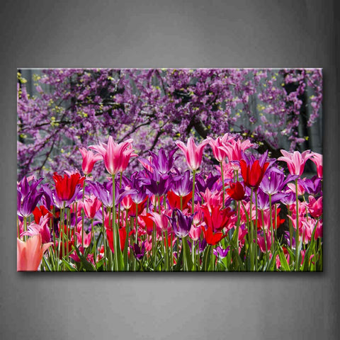 Pink Purple And Red Flower Grow In Front Of Purple Tree Wall Art Painting Pictures Print On Canvas Flower The Picture For Home Modern Decoration 