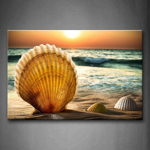 Three Shells On Beach Wave Setting Sun Wall Art Painting The Picture Print On Canvas Seascape Pictures For Home Decor Decoration Gift 