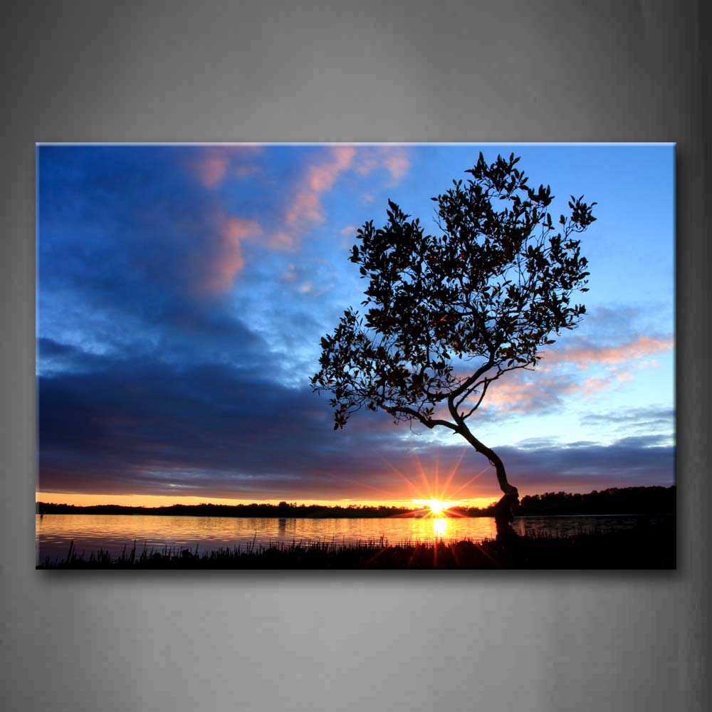 Tree Grow On Lake Side Setting Sun Wall Art Painting Pictures Print On Canvas Landscape The Picture For Home Modern Decoration 