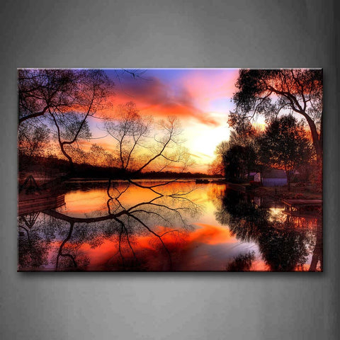 River Between Trees Sunset Glow And Tree Reflect On River Wall Art Painting The Picture Print On Canvas Landscape Pictures For Home Decor Decoration Gift 