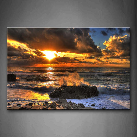 Wave Beat Rock At Beach Sunset Wall Art Painting The Picture Print On Canvas Seascape Pictures For Home Decor Decoration Gift 