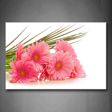 A Bunch Of Pink Gerberas With Green Leafs On White Floor Wall Art Painting The Picture Print On Canvas Flower Pictures For Home Decor Decoration Gift 