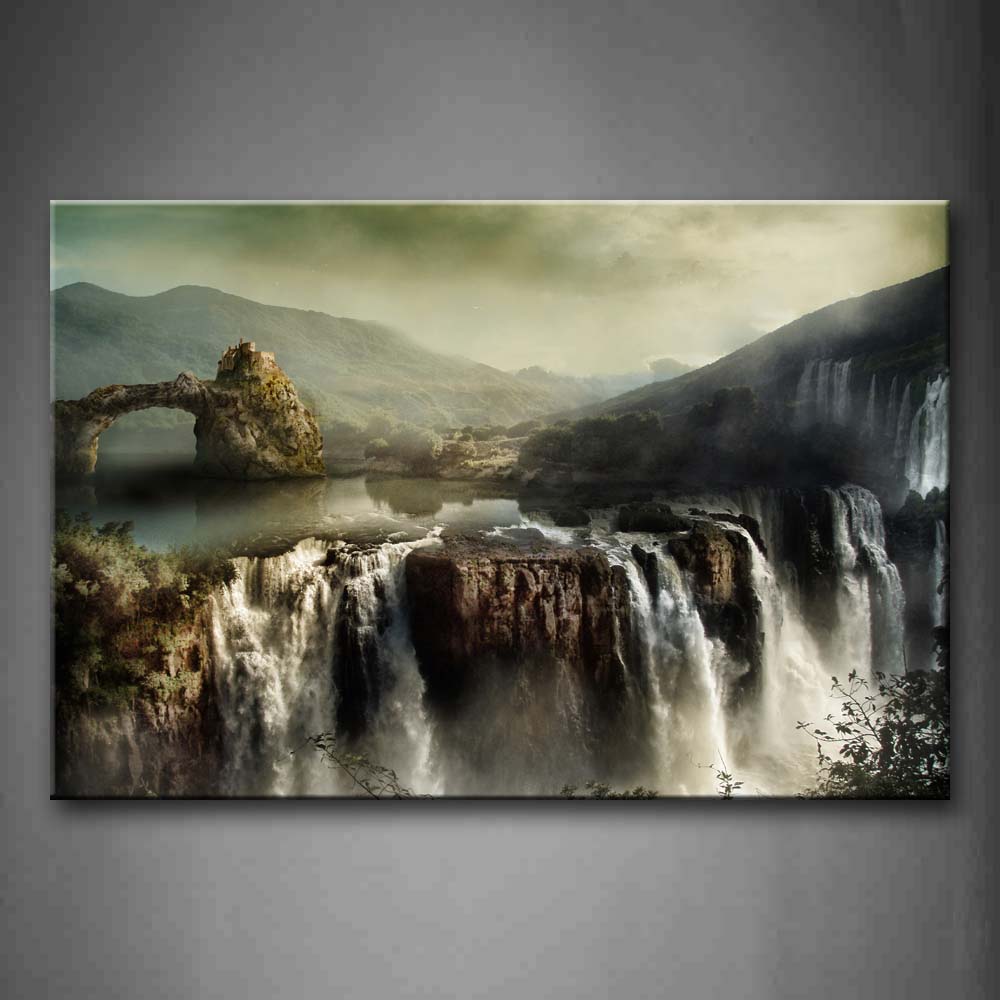 Grand Waterfall From Lake Cliffs Mountain Wall Art Painting The Picture Print On Canvas Landscape Pictures For Home Decor Decoration Gift 