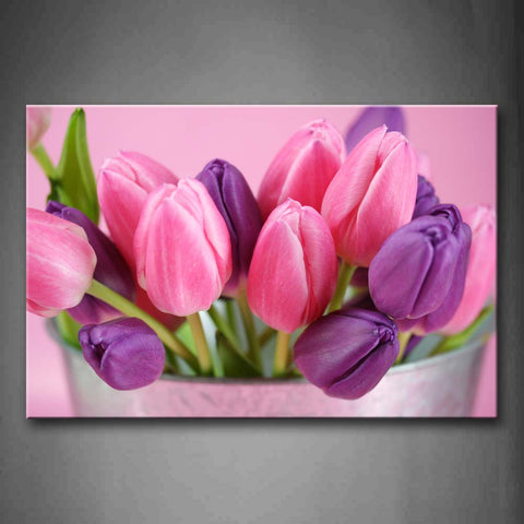 Purple And Pink Tulip Insert In Metal Pail Wall Art Painting The Picture Print On Canvas Flower Pictures For Home Decor Decoration Gift 