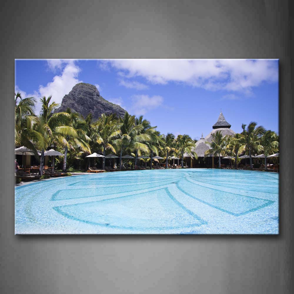 Palm Trees Side By Side Under Mountain Beside Pool Wall Art Painting The Picture Print On Canvas Landscape Pictures For Home Decor Decoration Gift 