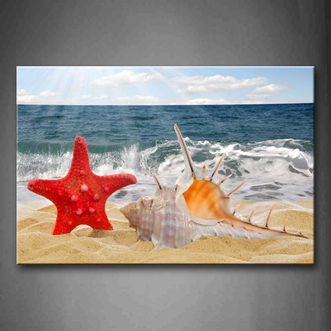 Red Starfish And Shell On Beach Wall Art Painting Pictures Print On Canvas Seascape The Picture For Home Modern Decoration 