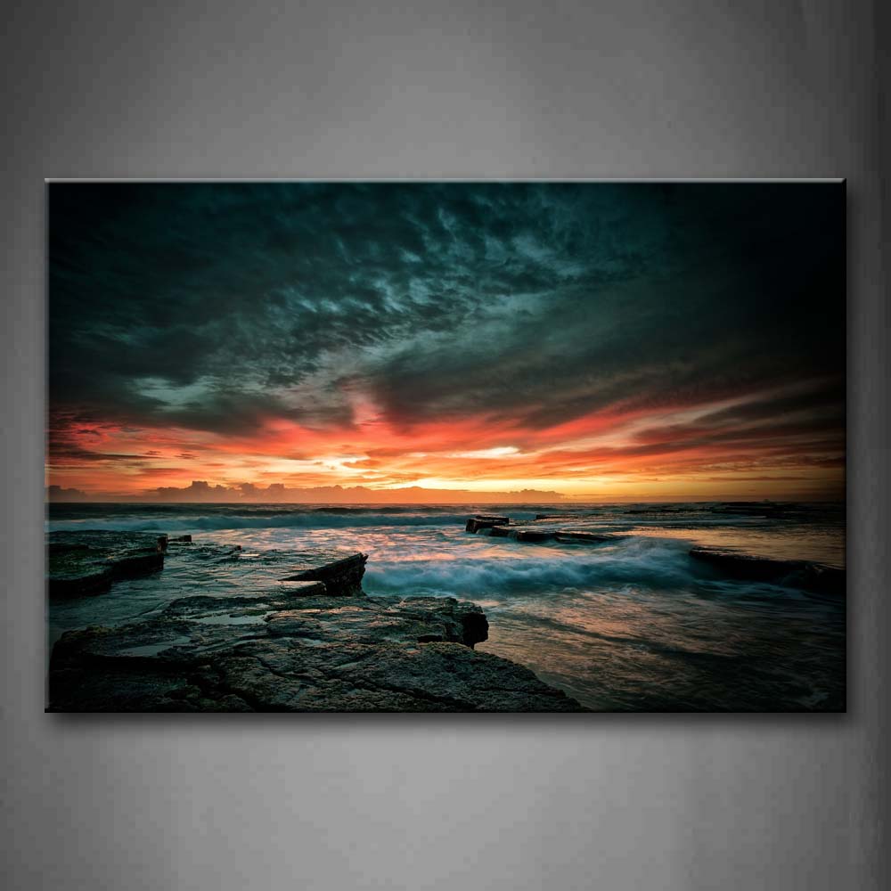 Sea Wave Between Rock At Dusk Sunset Glow Wall Art Painting The Picture Print On Canvas Seascape Pictures For Home Decor Decoration Gift 