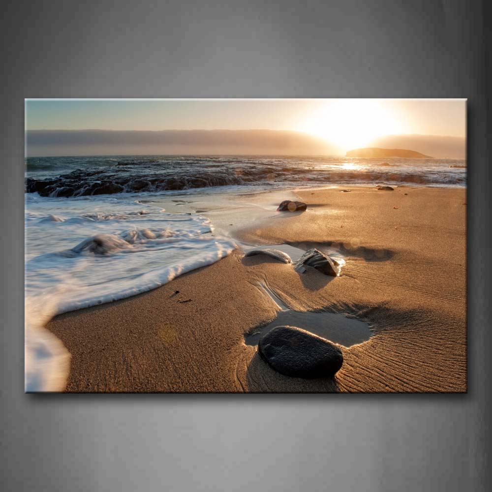 Wave And Stones On Sand Beach Fuzzy Sun Wall Art Painting Pictures Print On Canvas Seascape The Picture For Home Modern Decoration 