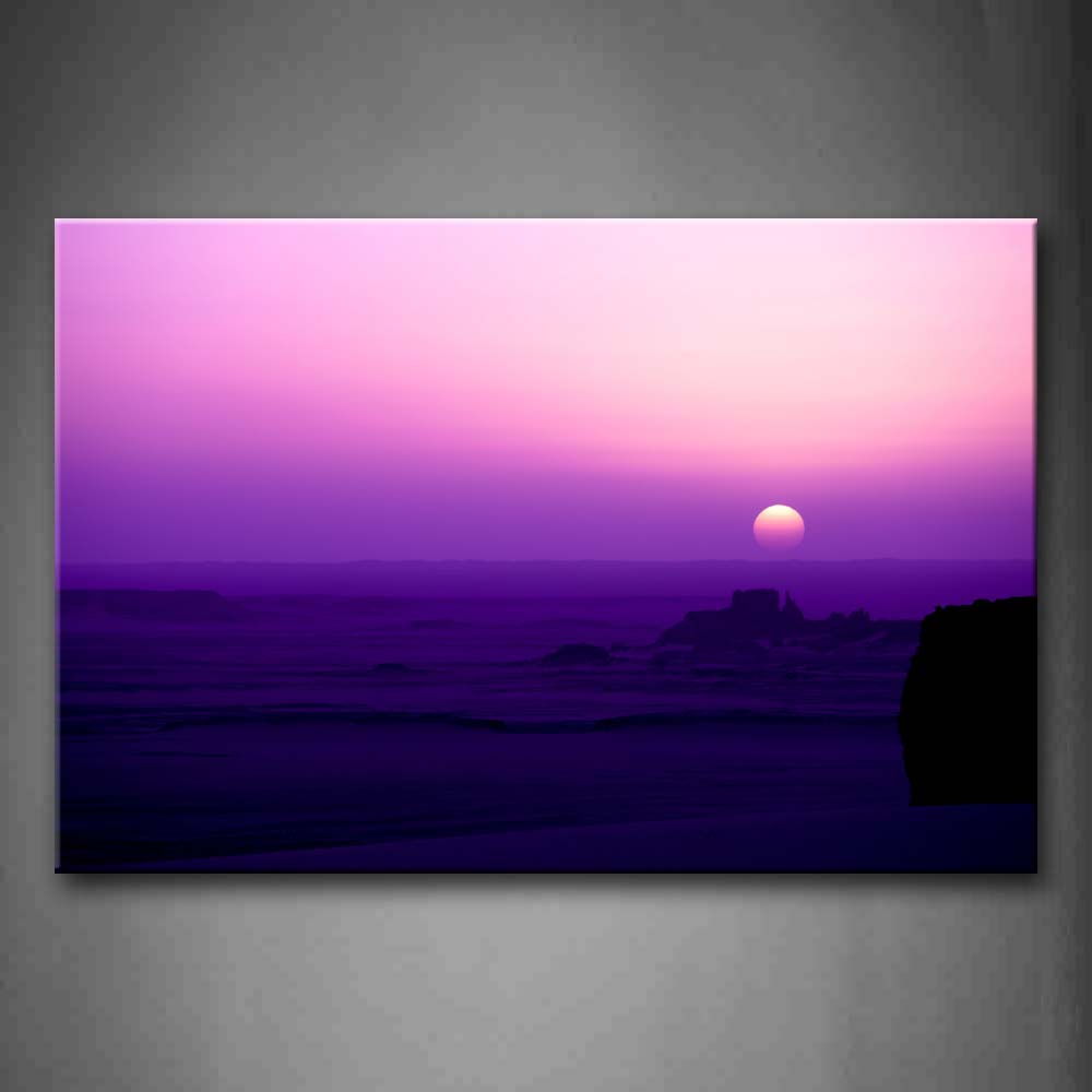 Purple Pink And Blue Sky Sun Over Sea Rock Wall Art Painting The Picture Print On Canvas Landscape Pictures For Home Decor Decoration Gift 