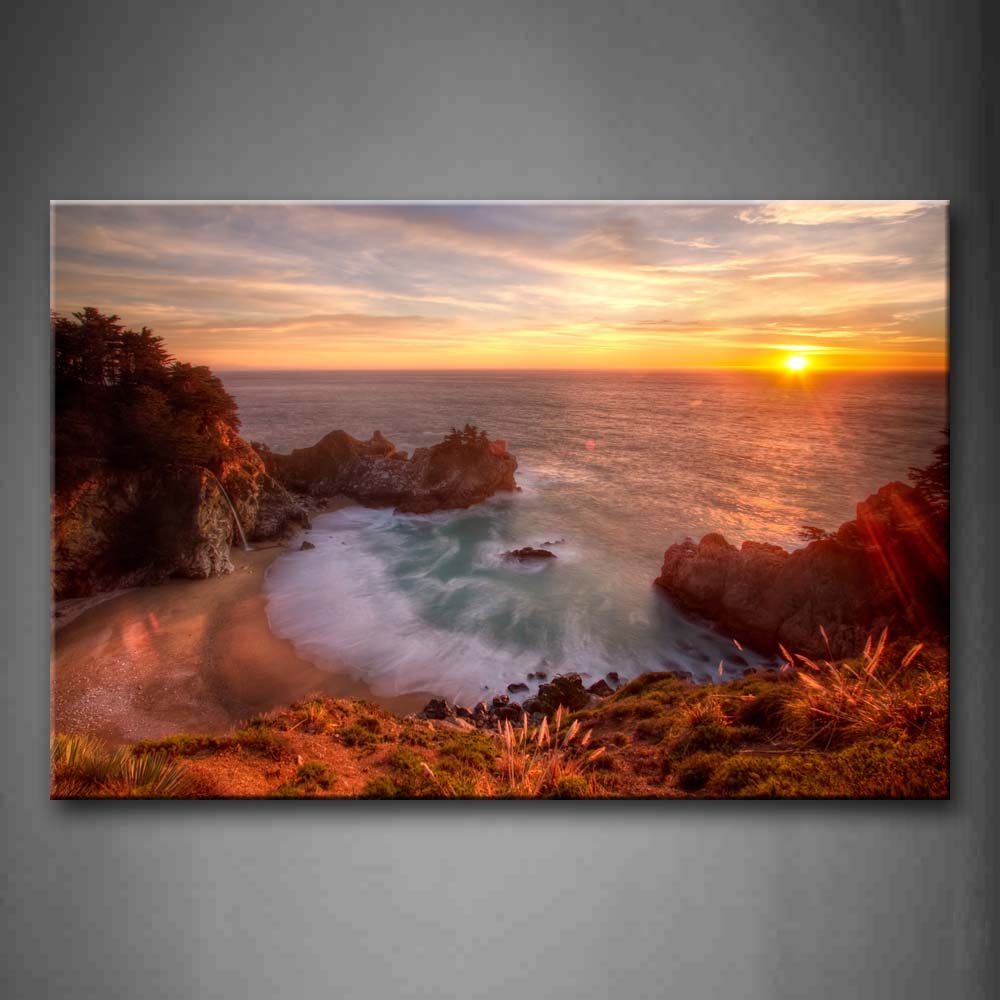 Golden Sun Over Sea Leval Small Bay And Beach  Wall Art Painting Pictures Print On Canvas Landscape The Picture For Home Modern Decoration 