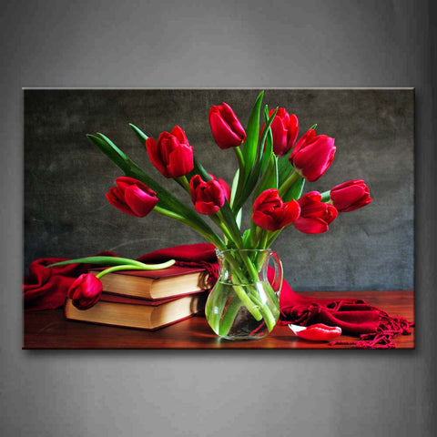 Red Flowers Books And Red Cloth On Desk Wall Art Painting The Picture Print On Canvas Flower Pictures For Home Decor Decoration Gift 