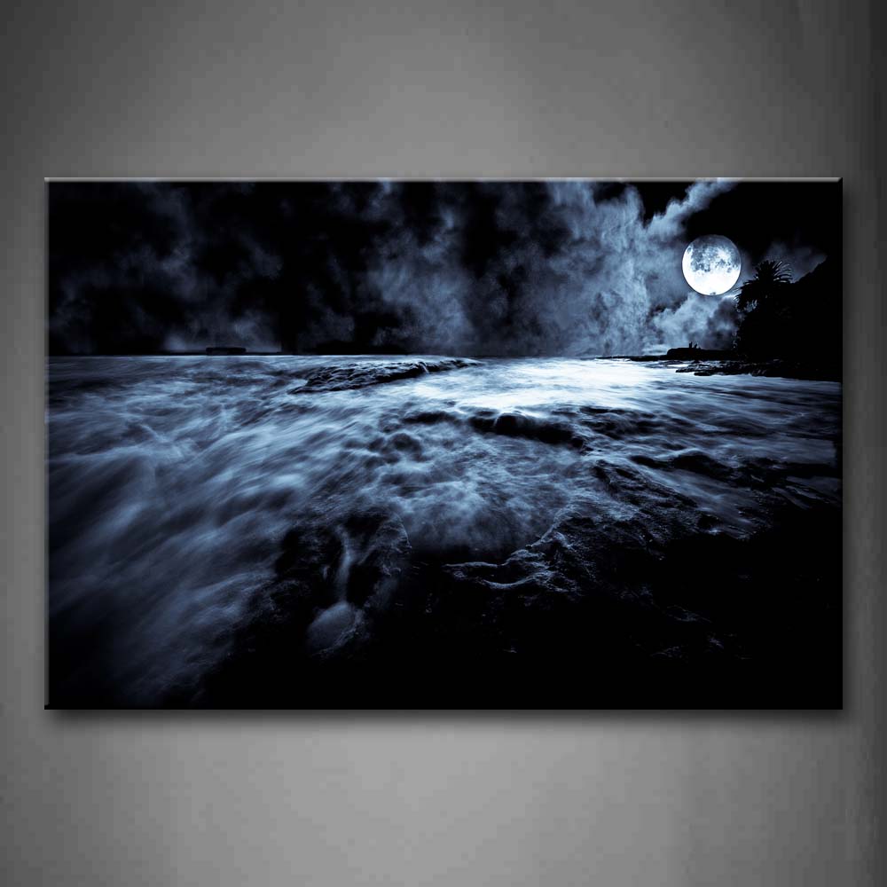 Moon And Black And White Clouds Over Ocean Wall Art Painting Pictures Print On Canvas Seascape The Picture For Home Modern Decoration 