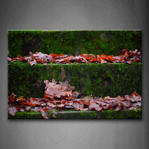 Moss On Stairs And Leaves In Red On Stairs Wall Art Painting Pictures Print On Canvas Landscape The Picture For Home Modern Decoration 