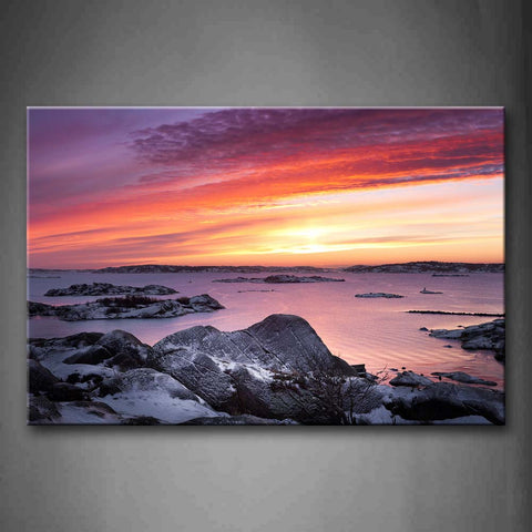 Colorful Sunset Glow Huge Rocks On Beach Wall Art Painting Pictures Print On Canvas Seascape The Picture For Home Modern Decoration 