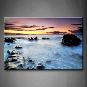Black Rocks Fog Above Quiet Water Golden Sky Wall Art Painting The Picture Print On Canvas Seascape Pictures For Home Decor Decoration Gift 