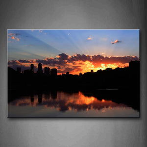 Setting Sun Behind City And Lake Wall Art Painting The Picture Print On Canvas Landscape Pictures For Home Decor Decoration Gift 