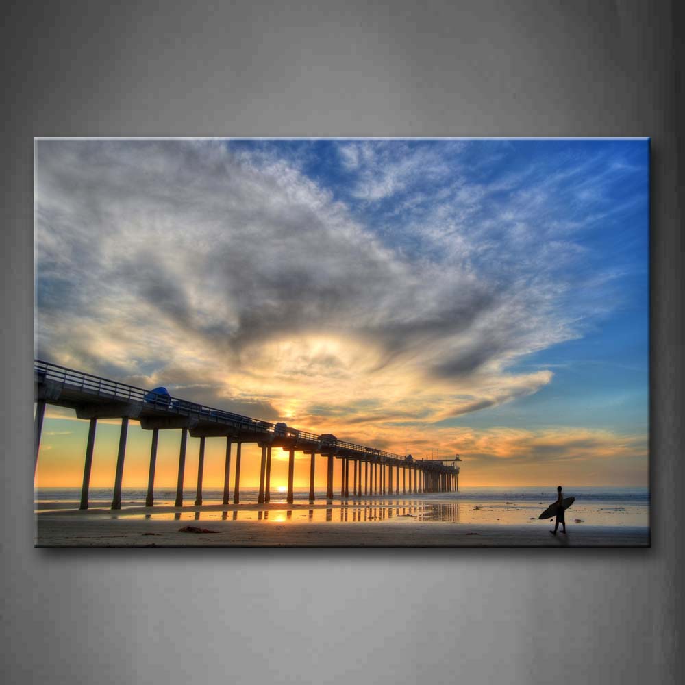 Long Bridge Over Sea People Walk On Beach Wall Art Painting The Picture Print On Canvas Landscape Pictures For Home Decor Decoration Gift 