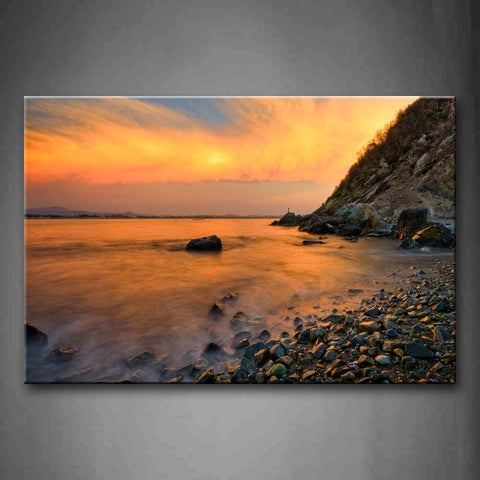 Many Stone Beach Orange Sunset Glow Wall Art Painting The Picture Print On Canvas Seascape Pictures For Home Decor Decoration Gift 