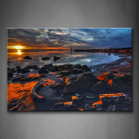 Stones On Beach Setting Sun Over Sea Level Wall Art Painting The Picture Print On Canvas Landscape Pictures For Home Decor Decoration Gift 