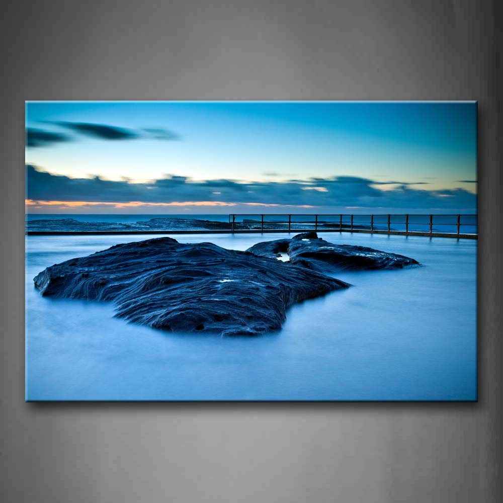 Big Rock On Dreamlike Pool Sunset Glow Wall Art Painting The Picture Print On Canvas Seascape Pictures For Home Decor Decoration Gift 