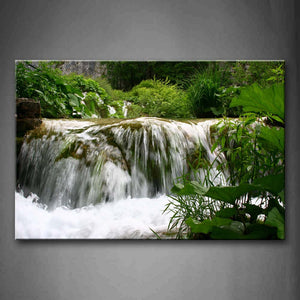 Small Waterfall Run On Rock Plant Grow Around Wall Art Painting Pictures Print On Canvas Landscape The Picture For Home Modern Decoration 