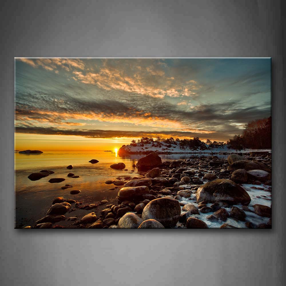 Golden Setting Sun On Horizon Stones On Lakeside Wall Art Painting The Picture Print On Canvas Landscape Pictures For Home Decor Decoration Gift 