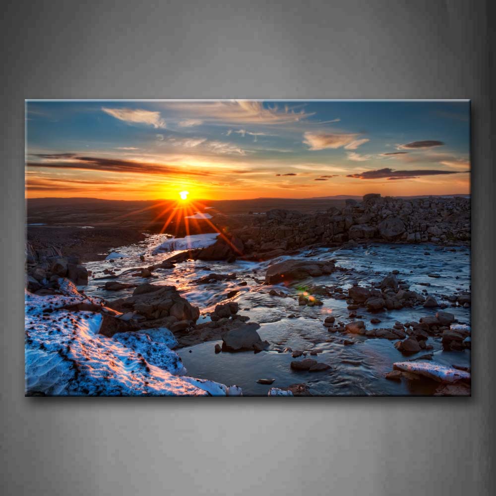 Golden Setting Sun On Horizon River On Stones Land Wall Art Painting Pictures Print On Canvas Seascape The Picture For Home Modern Decoration 