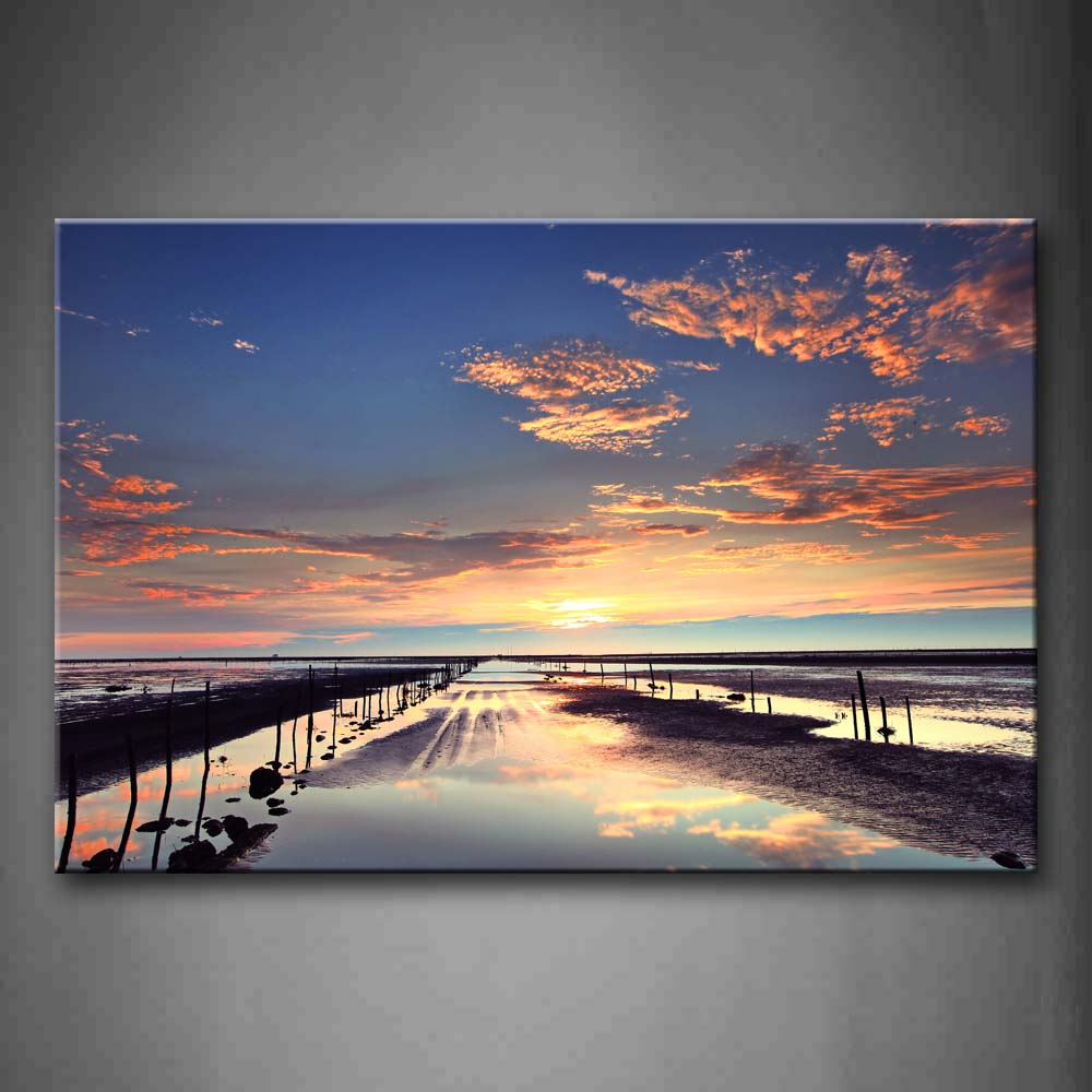 Sticks On Beach Sunset Glow Reflect On Beach Wall Art Painting Pictures Print On Canvas Seascape The Picture For Home Modern Decoration 