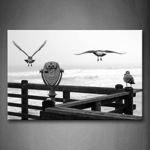 Black And White Two Seabirds Will Flew Over Ocean And Stop On Fence Wall Art Painting The Picture Print On Canvas Botanical Pictures For Home Decor Decoration Gift 